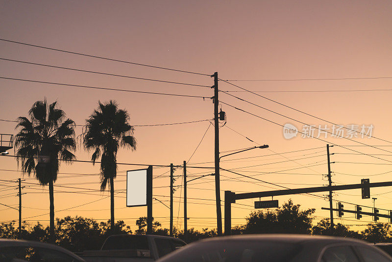 奥兰多街道与汽车和交通灯棕榈树在日落