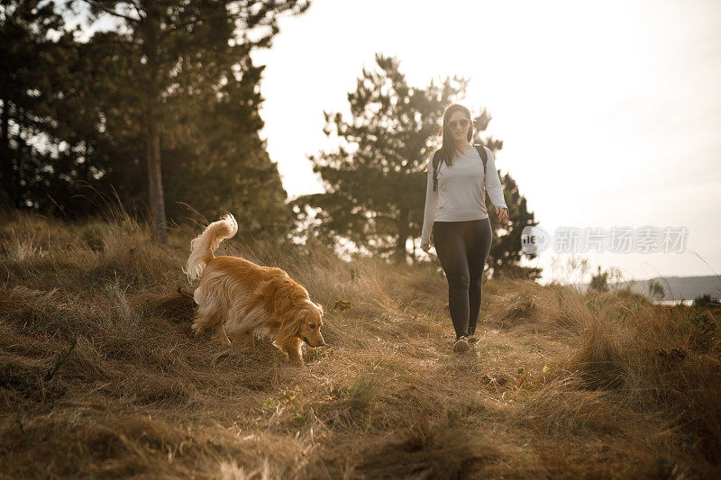 宠物主人和她的狗一起散步
