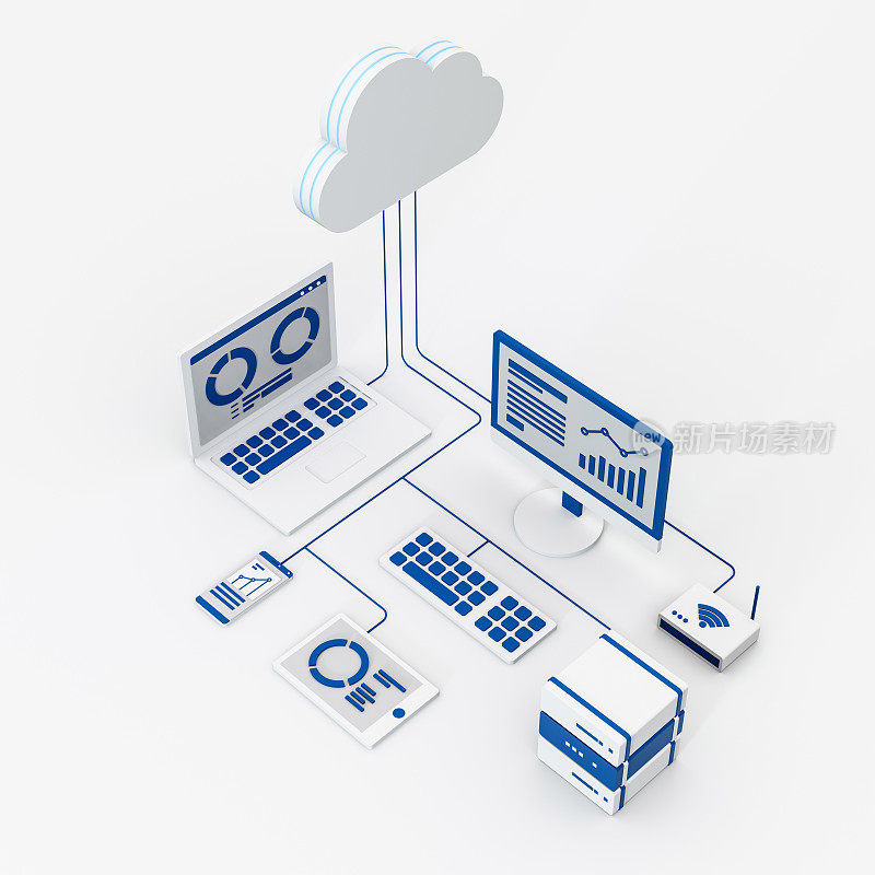 云计算技术的现代等距线三维渲染。数据库、在线服务器、互联网平台业务。信息存储网络概念。