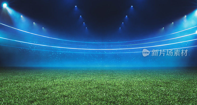 数字足球场的视野照明的蓝色聚光灯和空旷的绿色草地。体育主题数字3D背景广告插图设计模板