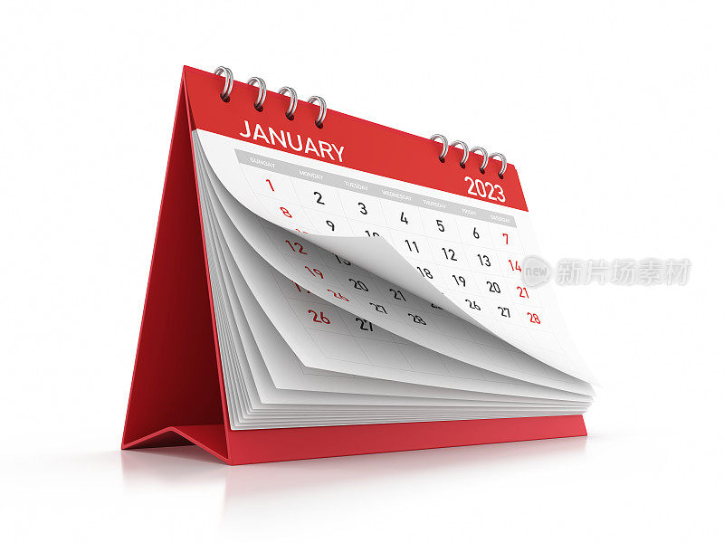 红色2023一月月桌面日历隔离在白色背景库存照片库存照片