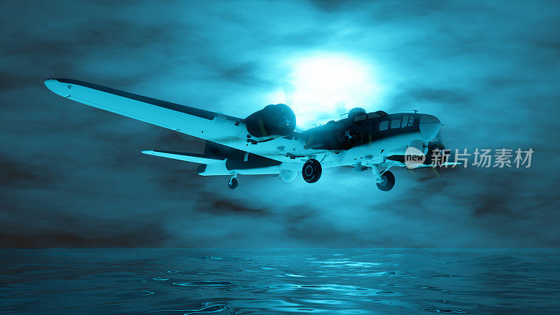 螺旋桨飞机在雾中飞行在蓝色的照明