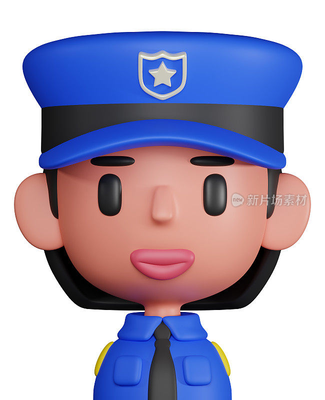 3D渲染女警察角色插图。3D警察图标
