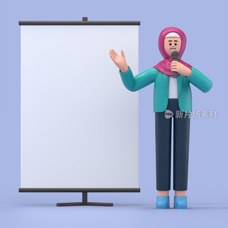 三维插图微笑的阿拉伯妇女加利亚与空白板作为介绍信息，说明或广告，产品挂图模型。
