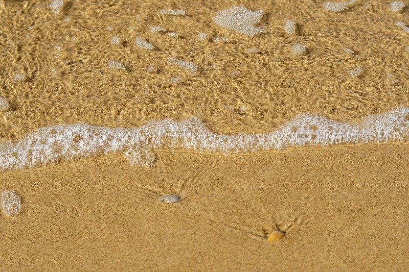 透明的海浪上有白色的泡沫，沙子上有罕见的鹅卵石。清澈的沙滩。背景与生态友好的地方休息。