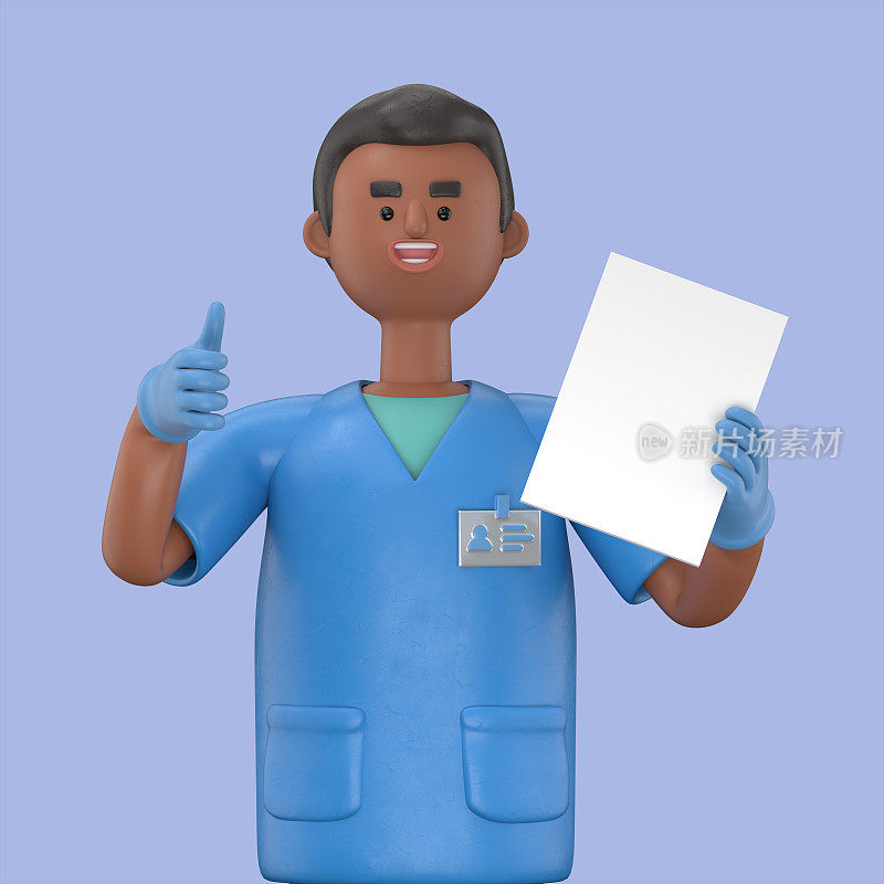 男博士金的三维插图拿着标书大拇指向上，医学演示剪贴画隔离在蓝色背景