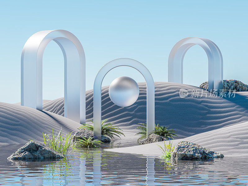 3d讲台与复制空间的产品展示呈现在日落海滩抽象背景。热带夏季和度假概念。图形渲染插画设计。