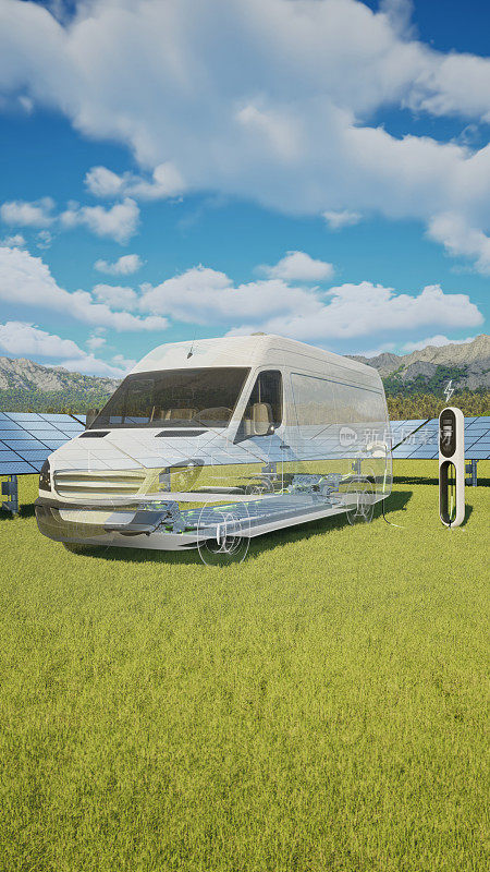 电动卡车在装有太阳能电池板的电动汽车充电站充电