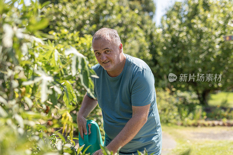 一名男子在社区菜园里给植物浇水