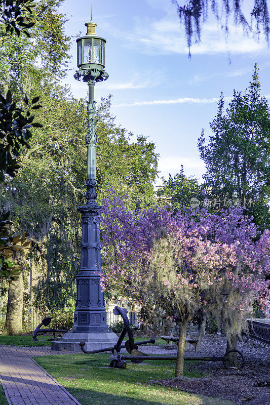 萨凡纳公共公园的历史路灯和海事纪念