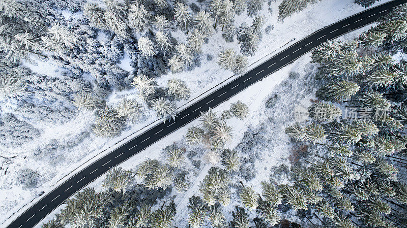 穿越冬季森林的道路-鸟瞰图