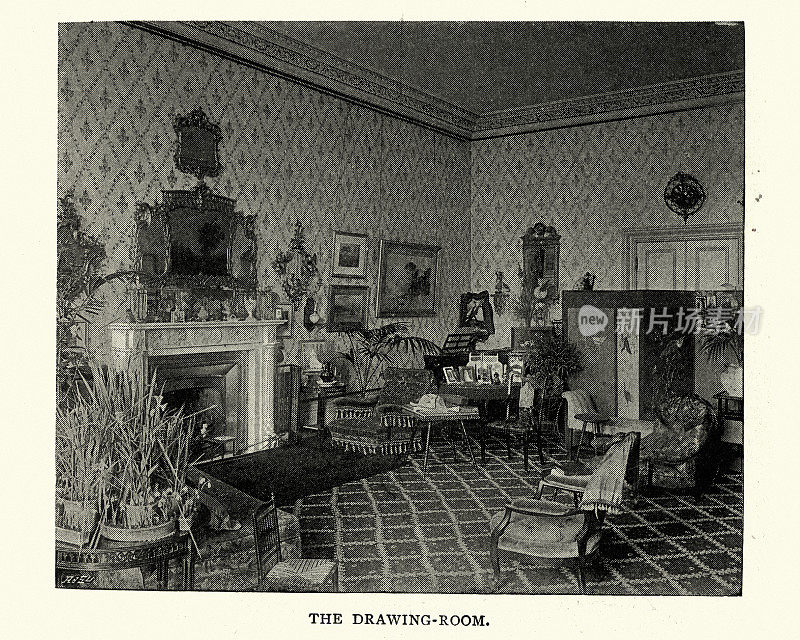 19世纪90年代，英国伍斯特郡哈特伯里城堡的客厅