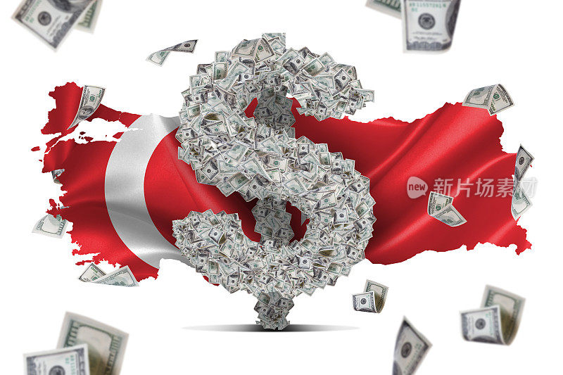 飘扬的土耳其地图旗帜和飘扬的美元钞票