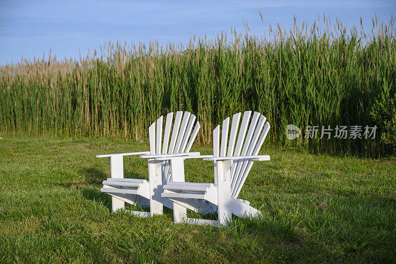 绿色草地上的两把空的白色木椅