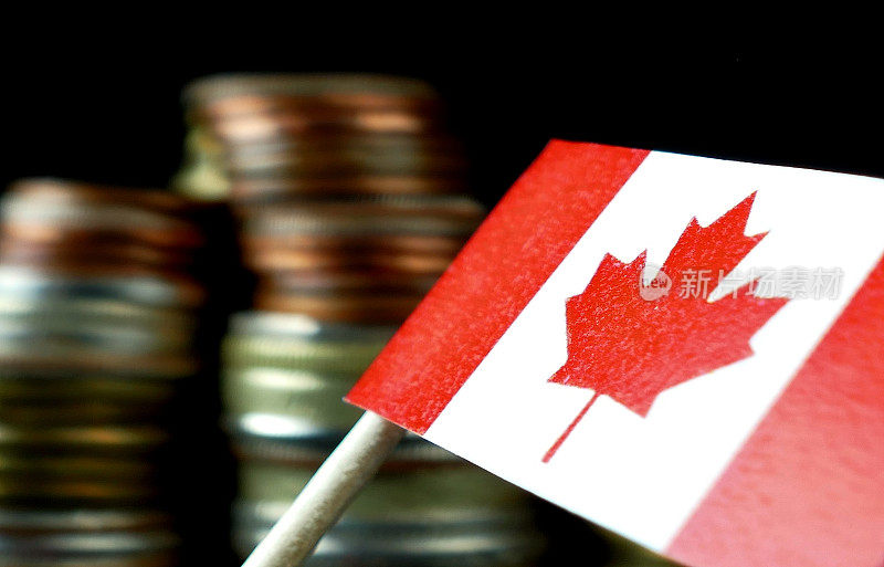 加拿大国旗挥舞着一堆钱币宏观