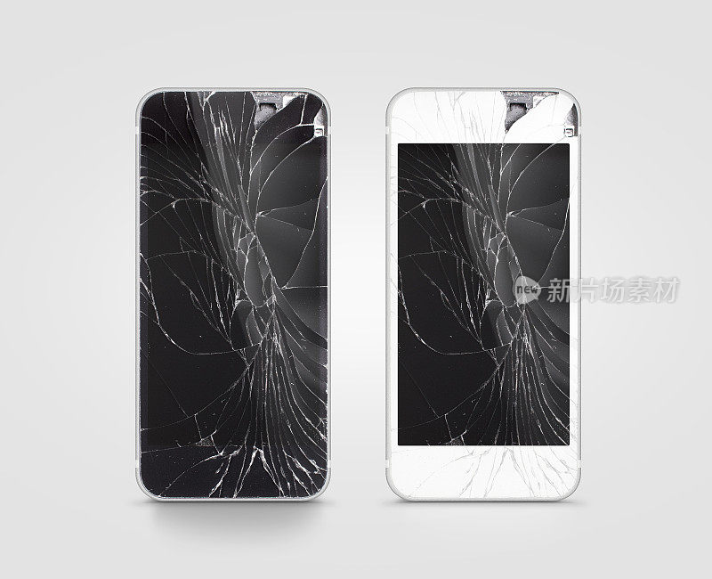 破碎的手机屏幕，黑，白，剪辑路径。