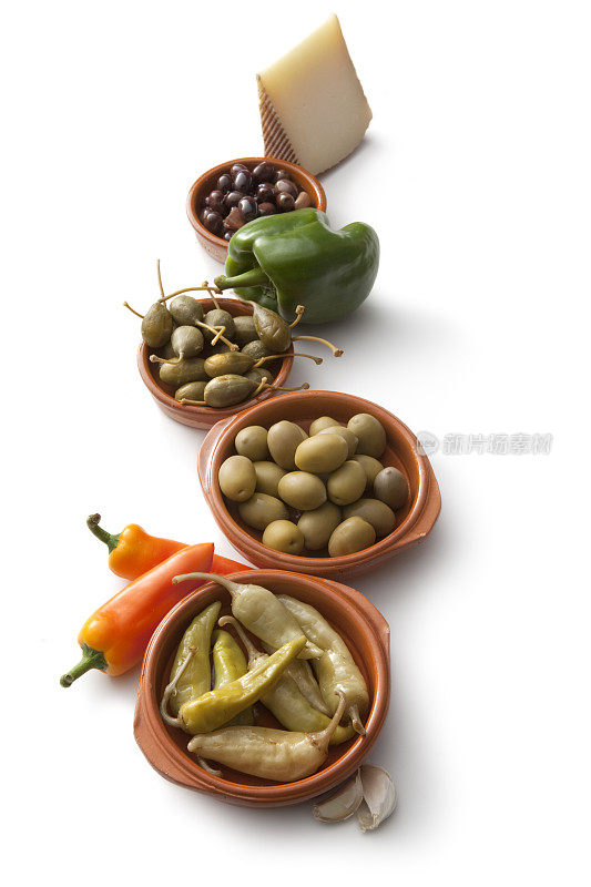 西班牙小吃:辣椒，橄榄，刺山柑和曼契戈