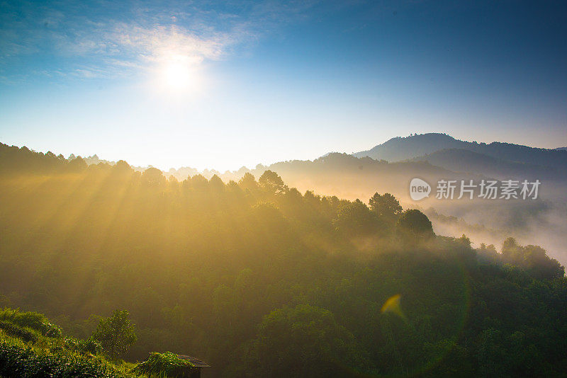 泰国北部山区的清晨日出全景