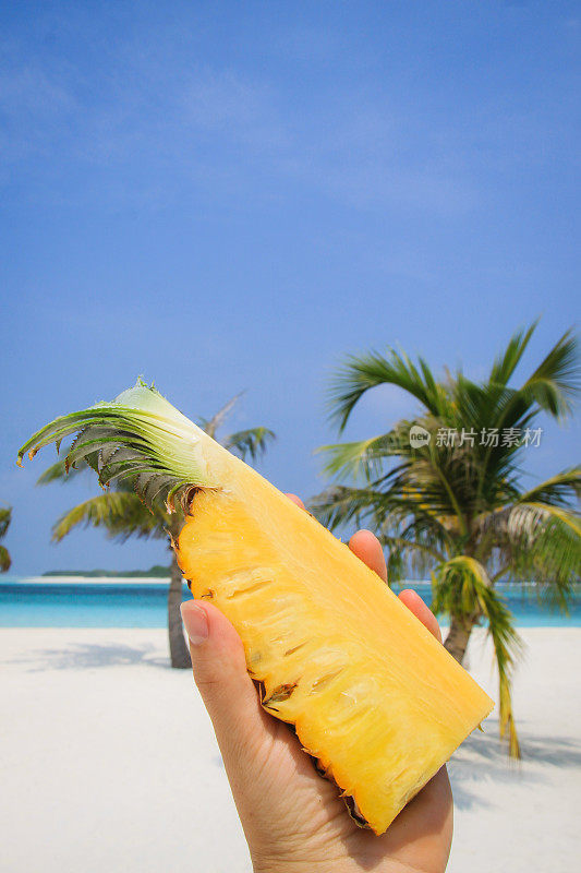 在沙滩上牵着菠萝