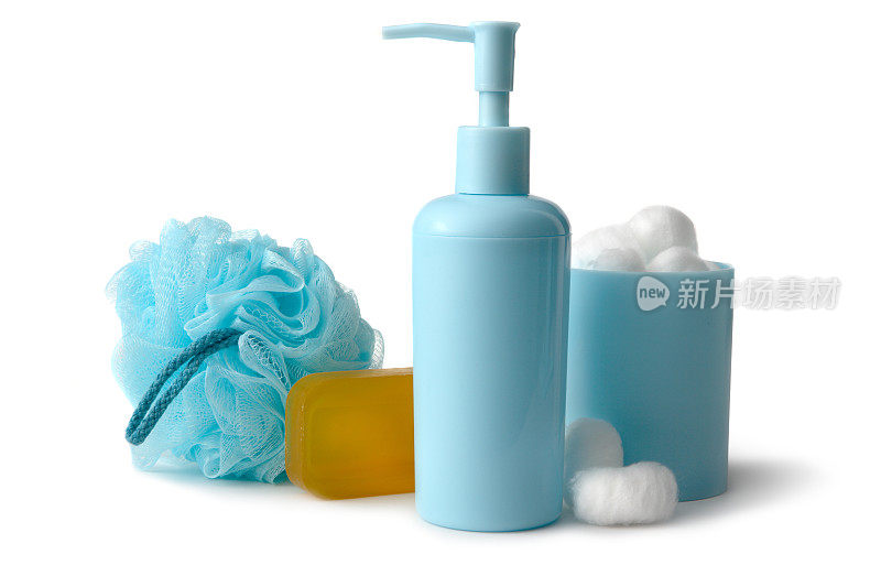 沐浴:泵瓶，棉球，肥皂和海绵