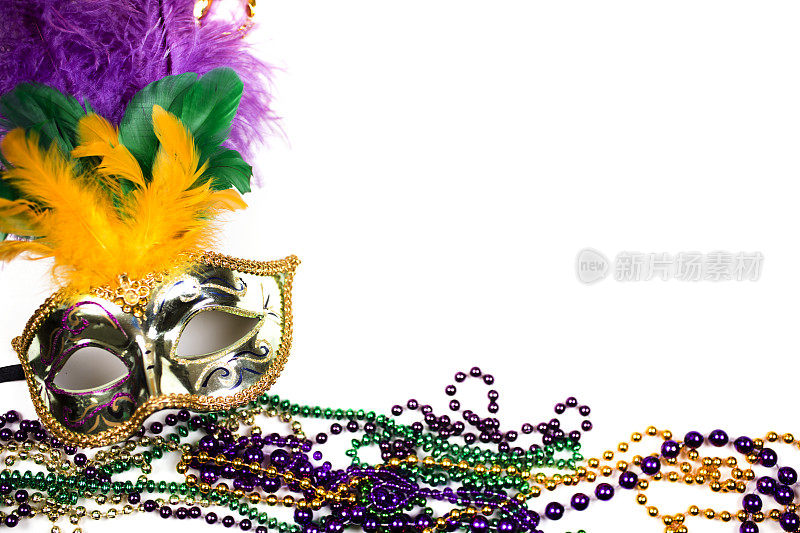 四旬斋前的背景。紫色，金色，绿色，面具，珠子。