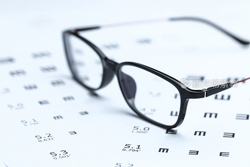 白色背景上的眼镜和视力表