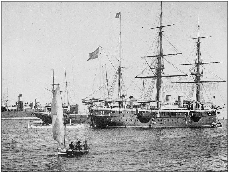世界著名景点的古董照片:卡斯蒂利亚巡洋舰，巴塞罗那，西班牙