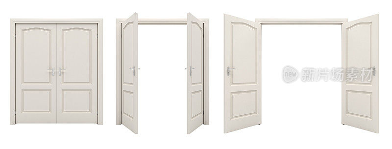 打开白色双扇门，隔离在白色背景上。