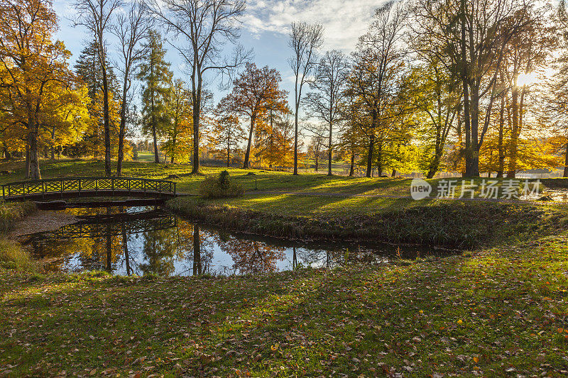 公园和桥在一个池塘在秋天。