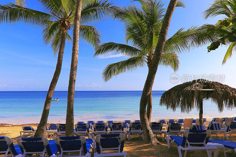 加勒比海滩椅子和乡村茅草屋顶帕拉帕，蒙特哥湾-牙买加