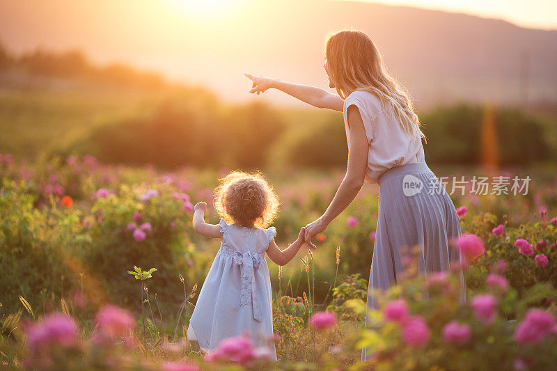 美丽的孩子女孩和年轻的母亲穿着休闲的衣服走在玫瑰花园日落的灯光