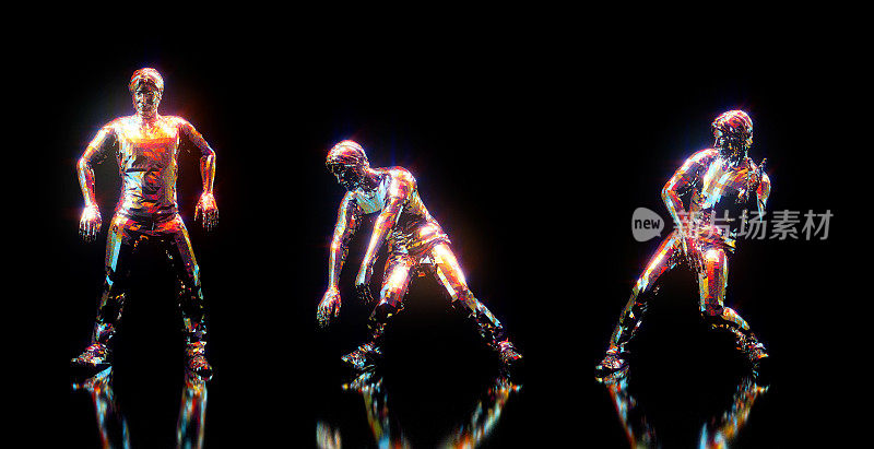 舞蹈姿势3D渲染。一组3个项目孤立在黑色背景