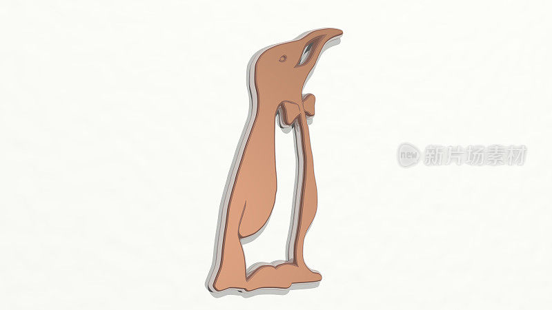 企鹅在西装与领结从墙上的视角。一个用金属材料制作的厚雕塑的3D渲染。插图和动物