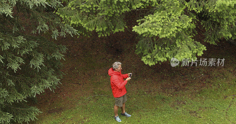 一个穿着红色雨衣的人站在热带雨林的树枝下，而下雨