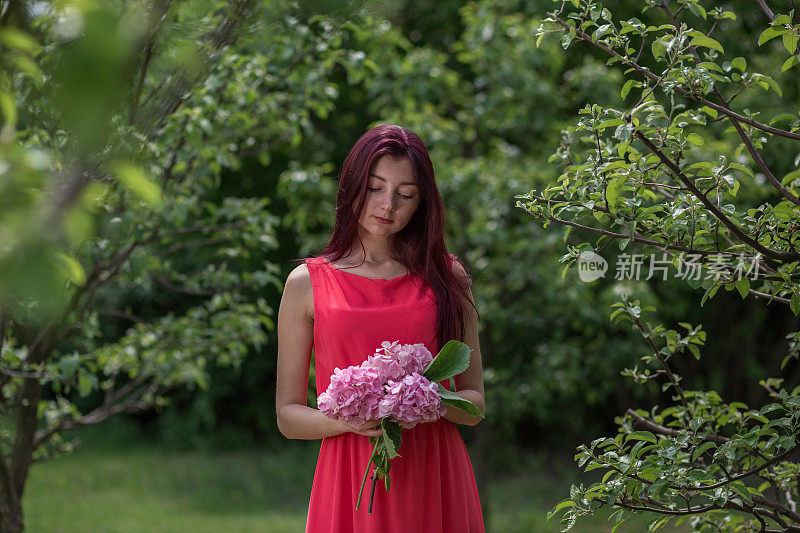 拿着绣球花的少女