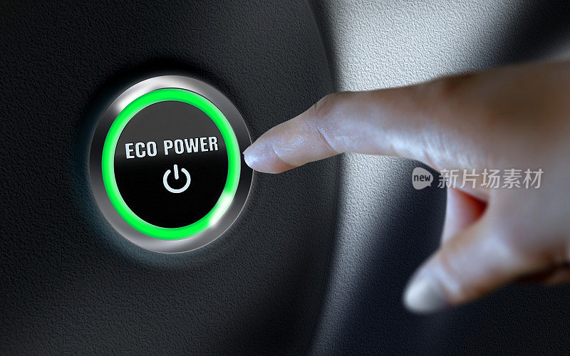 生态动力标题超过汽车启动按钮在仪表板上
