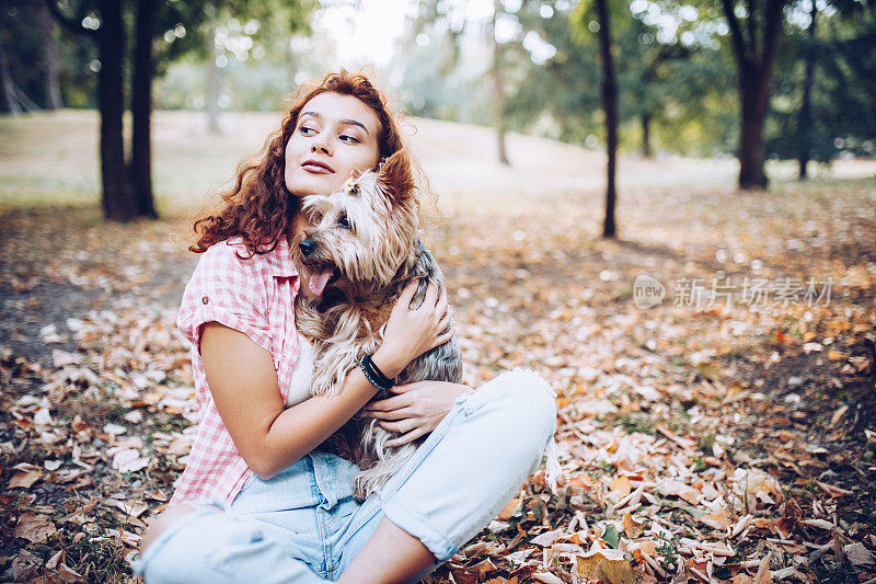 美丽的年轻女孩和她的约克夏梗犬