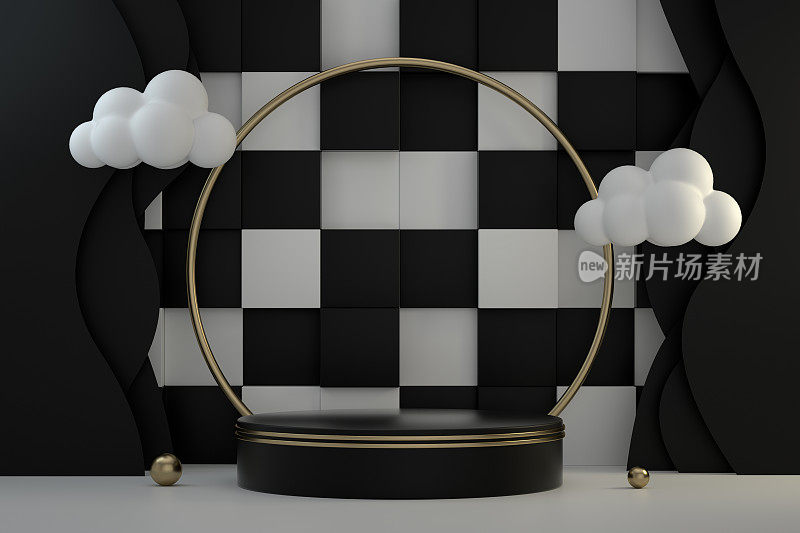 3D空产品站，平台，黑白立方体背景，抽象的最小概念
