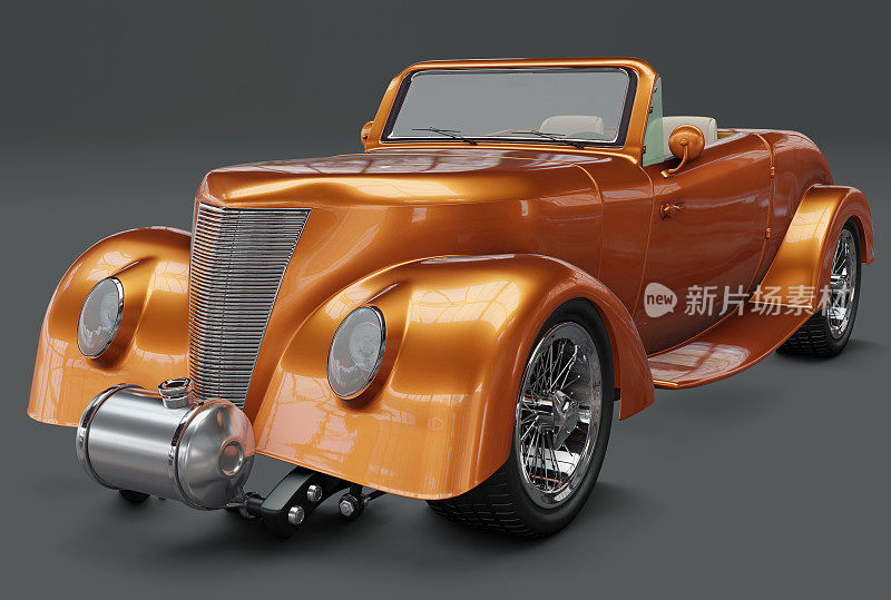 3D渲染图像的复古金属橙色敞篷车在灰色的背景