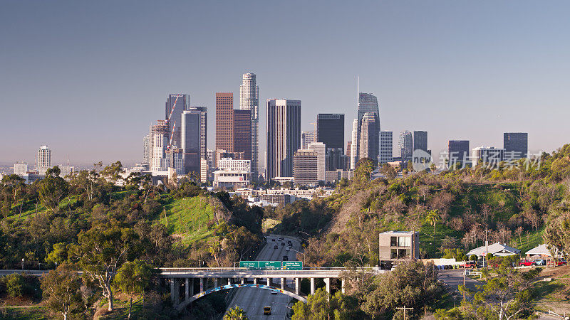 从天堂公园鸟瞰洛杉矶市中心的天际线