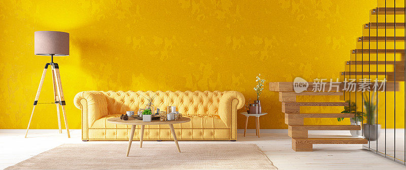 现代黄色室内楼梯和切斯特菲尔德沙发