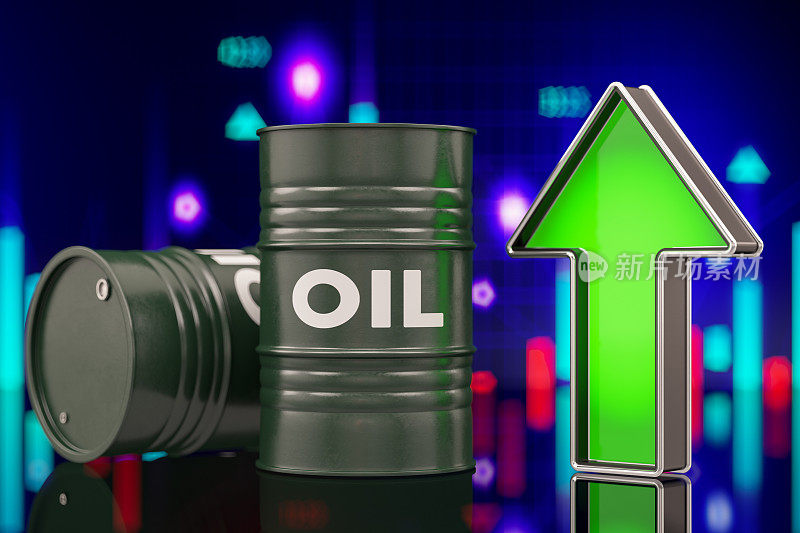 石油价格上涨的概念与桶绿箭和财务图表作为背景