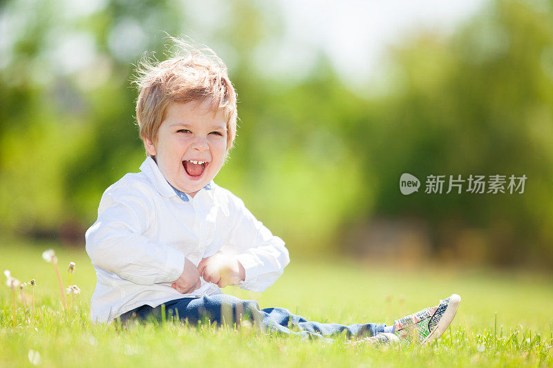 可爱微笑的小男孩在绿色的草地上。特写肖像的乐趣快乐的男孩。小调皮。孩子坐在绿草地上看着镜头。