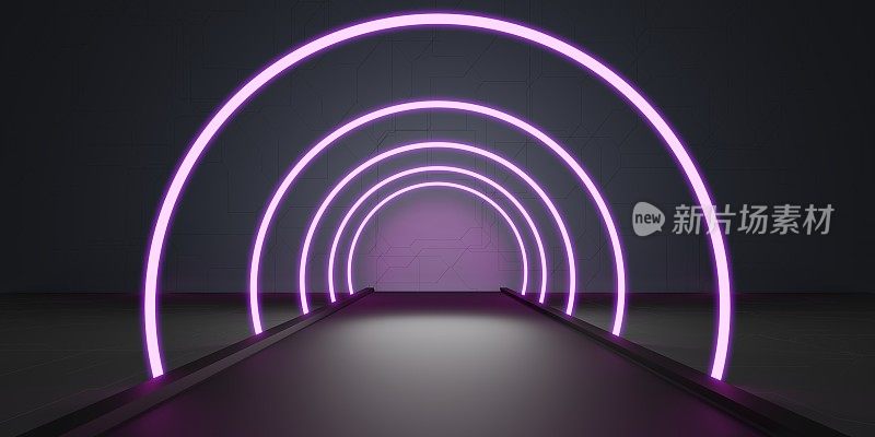 抽象背景霓虹灯场景与光线和线条圆拱光运动夜间3D插图