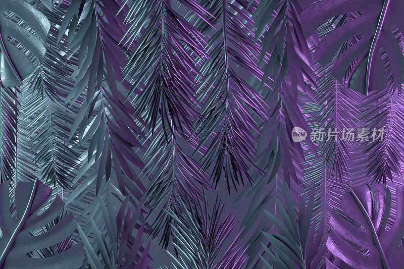 热带棕榈树和怪物的叶子与霓虹闪电，抽象的背景
