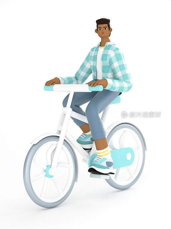 一个年轻人骑自行车。拥有健康积极的生活方式。骑自行车。环保交通，休闲和积极娱乐。一个男性角色骑自行车旅行。3d渲染插图。