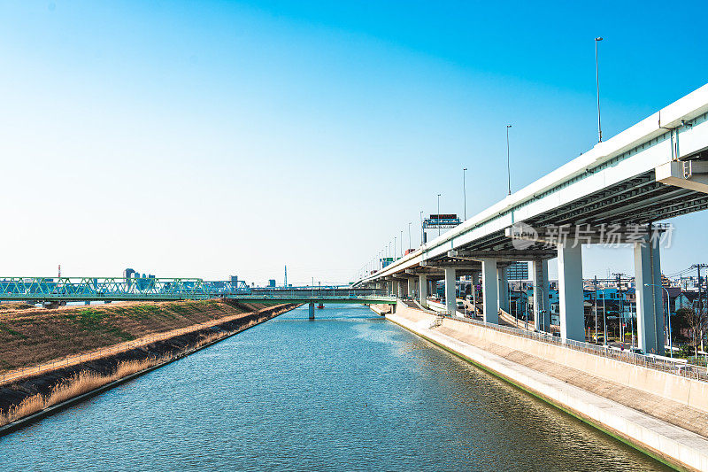 东京的城市道路和现代城市天际线