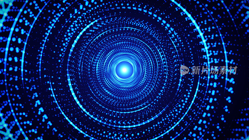 抽象的漩涡轨迹或隧道。圆点形成隧道。技术蓝色背景与圆。带有灯光效果的传送门。
