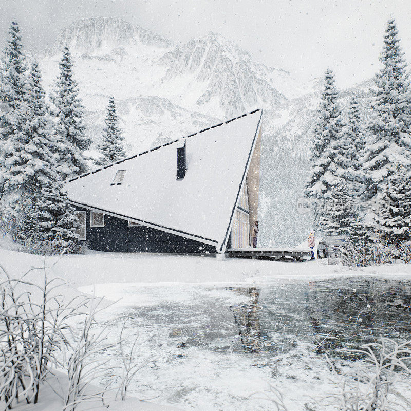 高山冬季景观中的白雪小屋