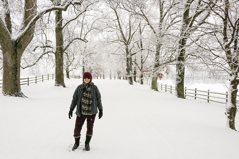 XXXL:一个女人走在白雪覆盖的乡村道路上